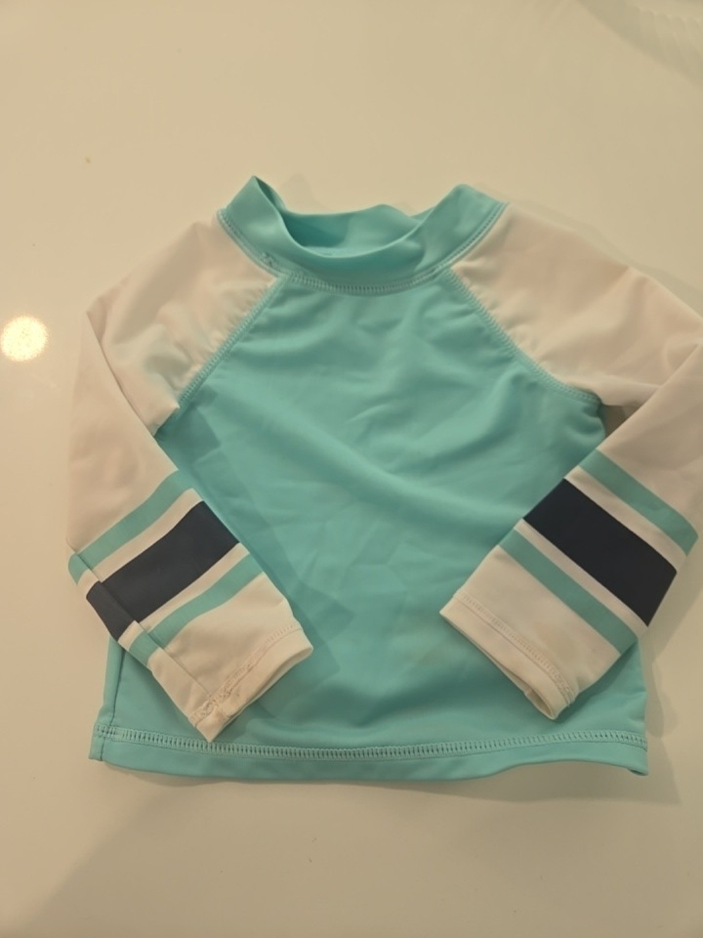 Children's Aqua & White Long-Sleeve Rash Guard with Navy Stripe Detail, 12 Month
